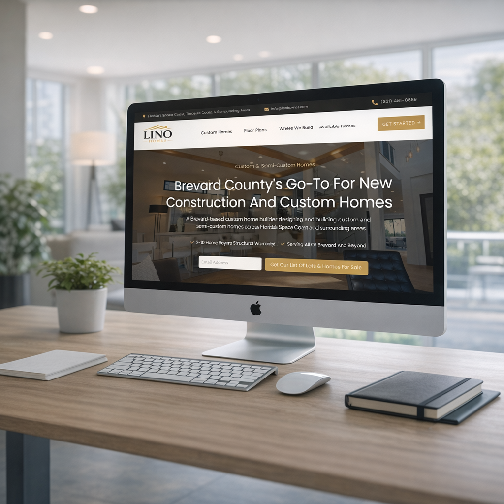 LINO Homes custom home builder website displayed on desktop monitor